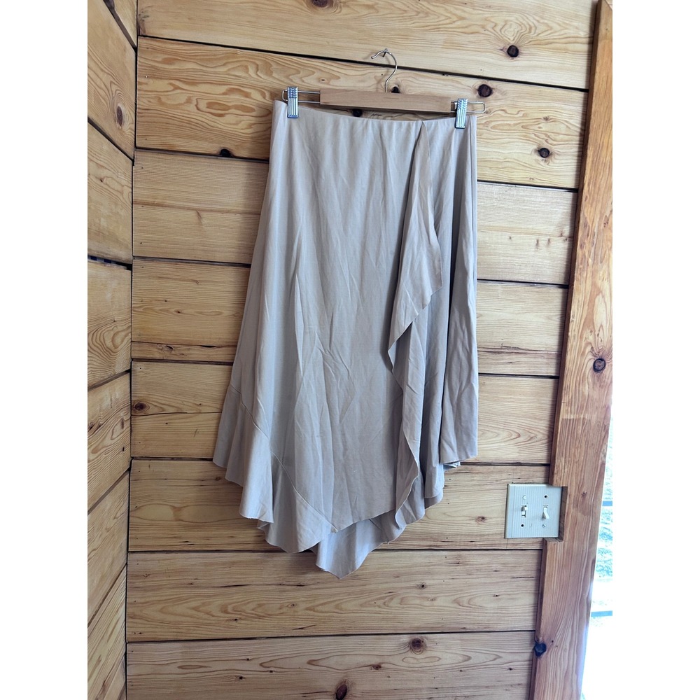 Kensie Womens Beige Asymmetrical Ruffle Hem Midi Skirt Size Medium Flowy Wrap